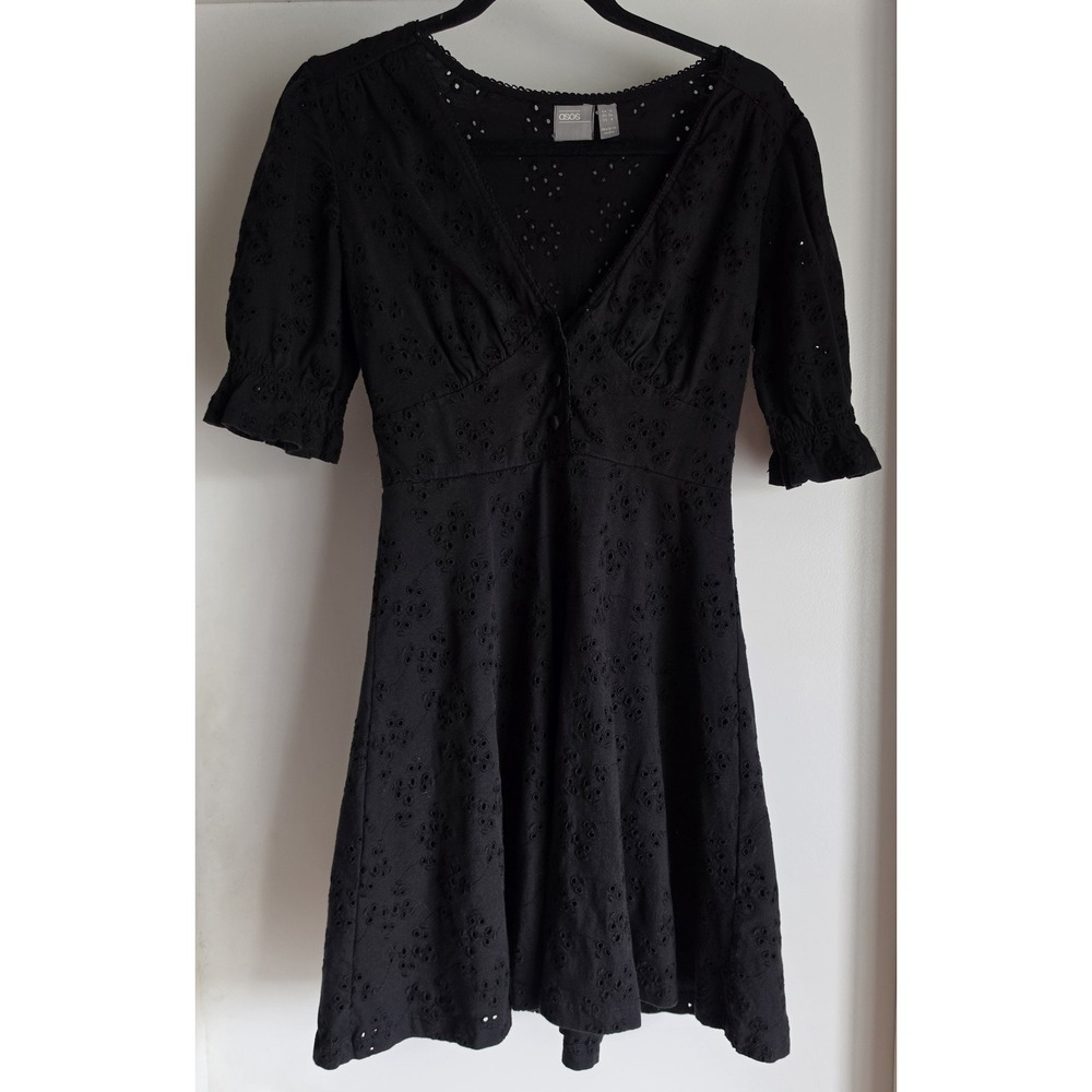 ASOS Black Eyelet Cotton Mini Dress Size 4 V-Neck Short Sleeve Boho